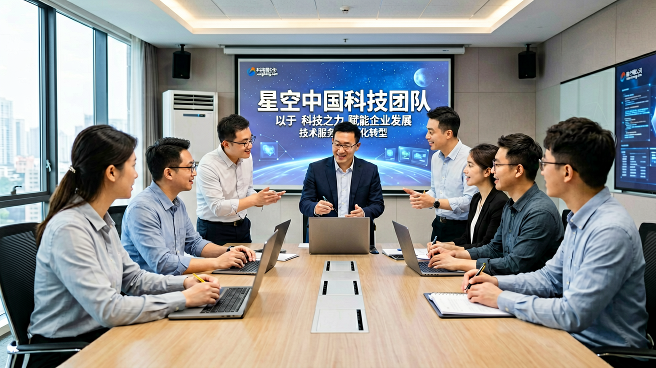 星空中国科技团队在会议室进行项目研讨